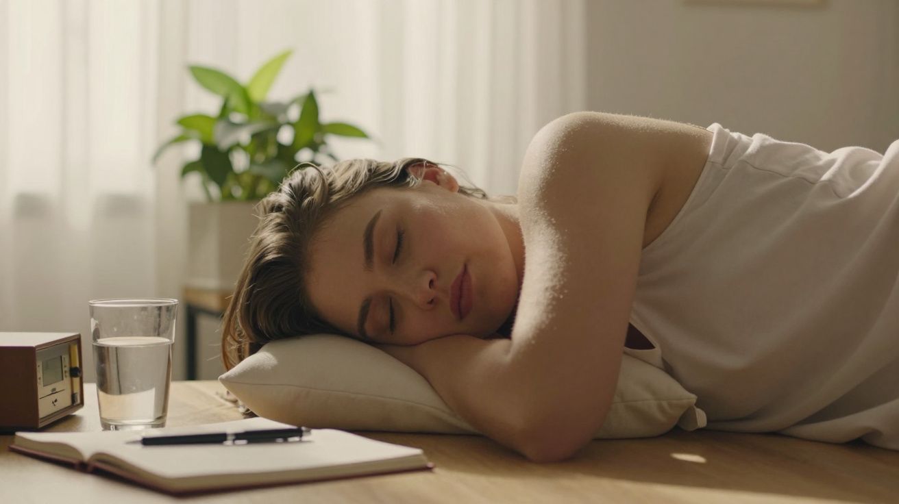 Mulher jovem a dormir numa mesa, com almofada, copo de água e caderno ao lado, planta ao fundo.
