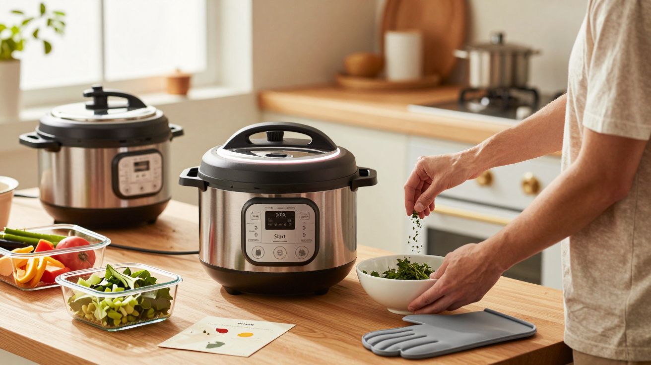 Cozinha com duas panelas elétricas, uma pessoa tempera uma tigela de legumes numa bancada de madeira.