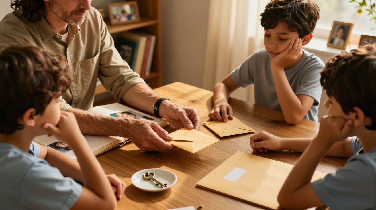 Homem e três meninos sentados à mesa com envelopes, conversa envolvente em ambiente doméstico aconchegante.