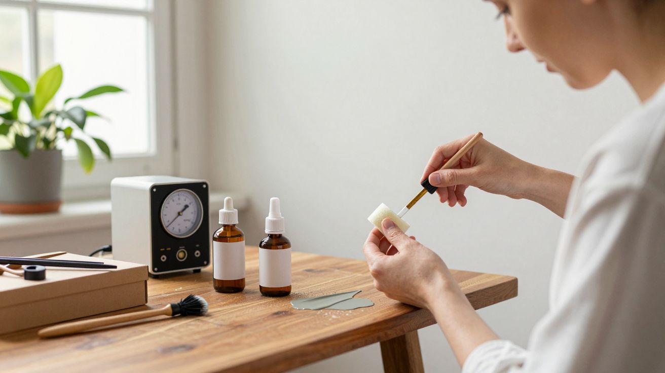 Pessoa mistura ingredientes cosméticos em mesa de madeira, com frascos e plantas ao fundo.