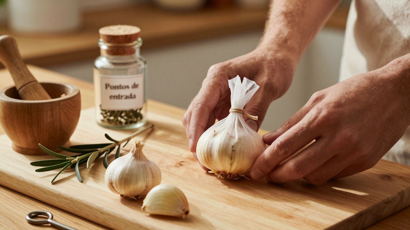 Mãos a preparar alho sobre tábua de madeira, com pilão, ervas e frasco de especiarias ao fundo.