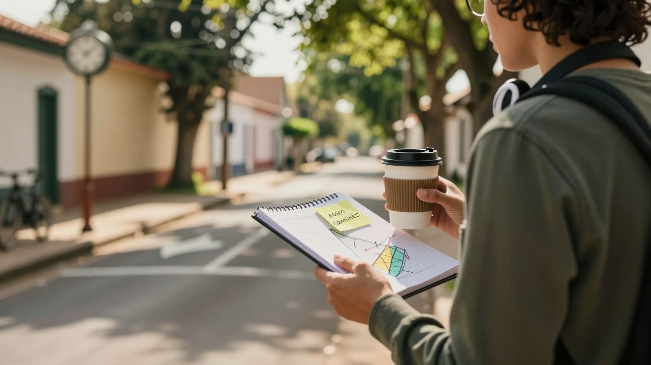 Pessoa segurando café e caderno de desenho de geometria, caminhando numa rua arborizada.