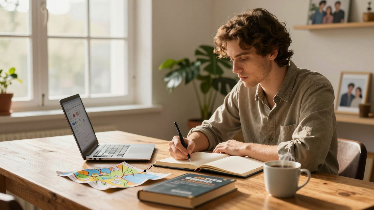 Homem jovem a estudar numa mesa, com portátil, caderno, mapa, livro e chávenas de café num ambiente luminoso.