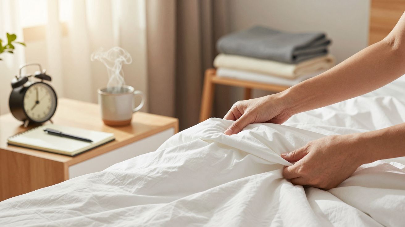 Mãos a arranjar lençóis brancos numa cama, com despertador e chávena na mesa ao lado.