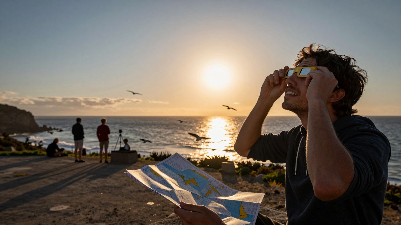 Homem observa o pôr do sol com óculos especiais, segurando um mapa. Pessoas e gaivotas à beira-mar ao fundo.