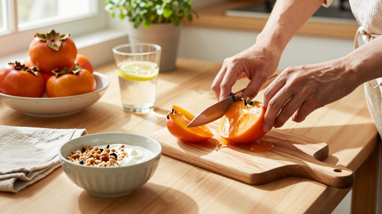 Pessoa a cortar dióspiro numa tábua de madeira, com tigela de iogurte e sementes ao lado.