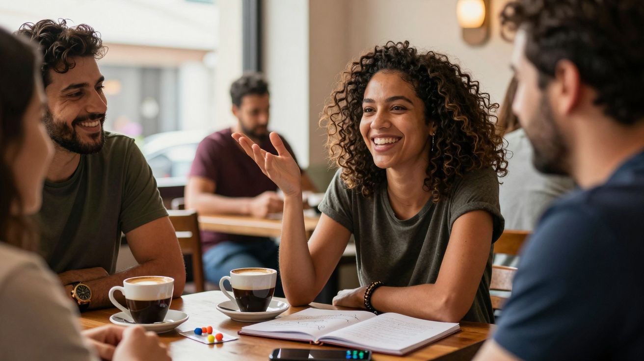 Grupo de amigos a conversar animadamente numa cafetaria, com chávenas de café e um caderno sobre a mesa.