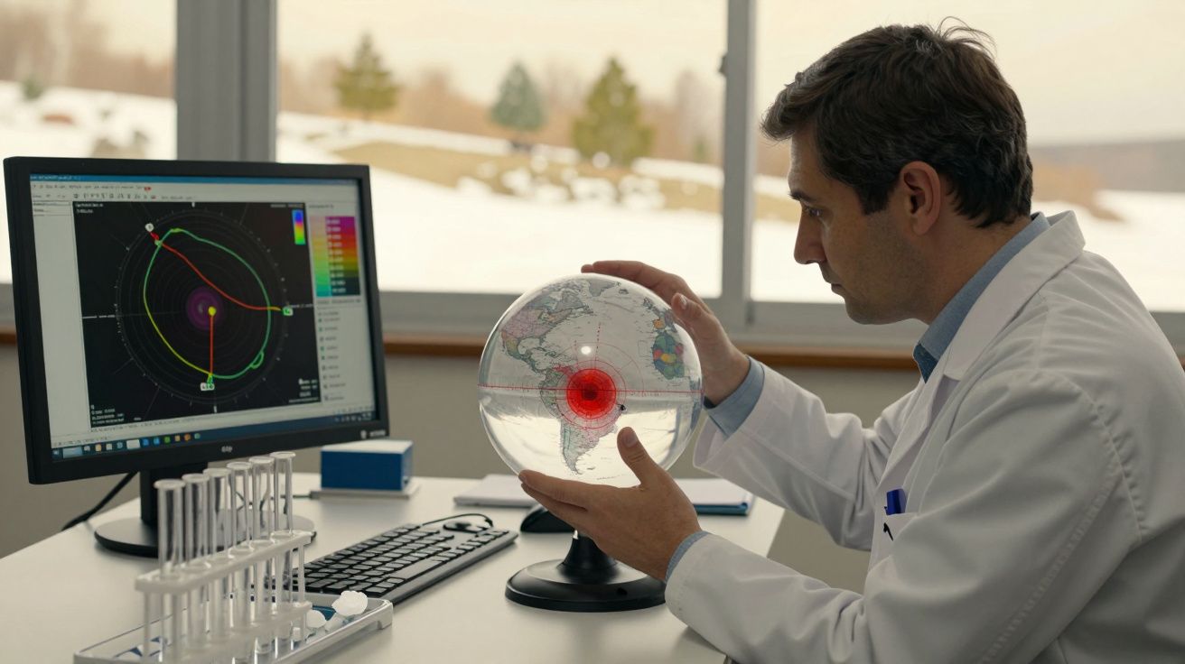 Homem de bata branca analisa um globo e gráficos no computador em laboratório com neve visível pela janela.