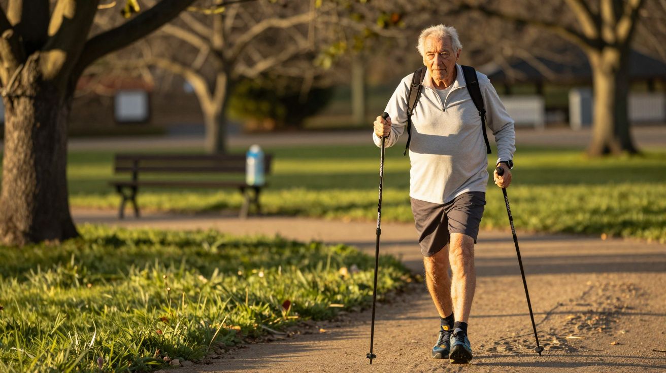 Homem idoso a caminhar num parque com bastões de caminhada, usando calções e mochila, árvores ao fundo.
