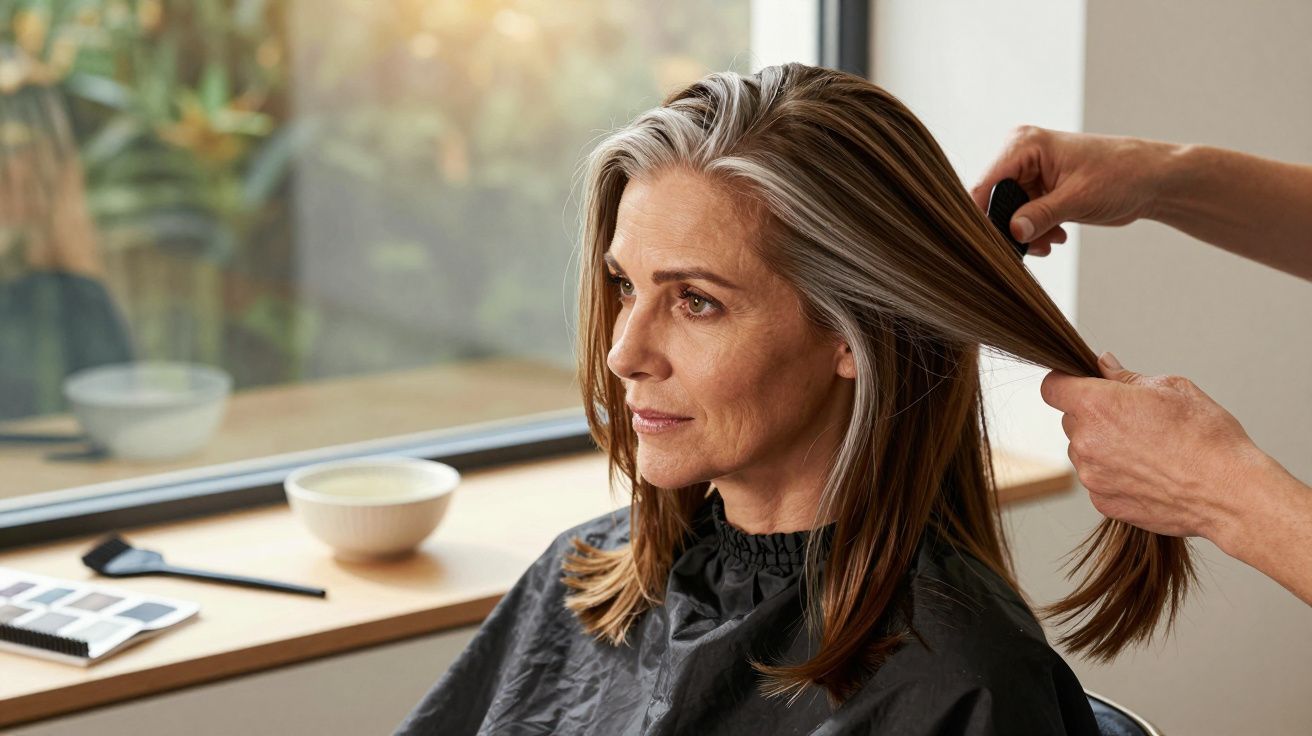 Mulher de cabelos grisalhos em salão de cabeleireiro, com cabelo a ser penteado perto de uma janela.