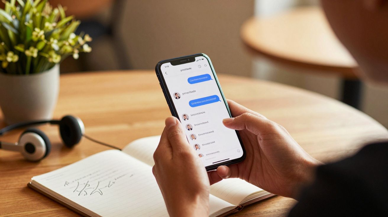 Pessoa segurando um smartphone com uma conversa de mensagem aberta, ao lado de caderno e auscultadores.