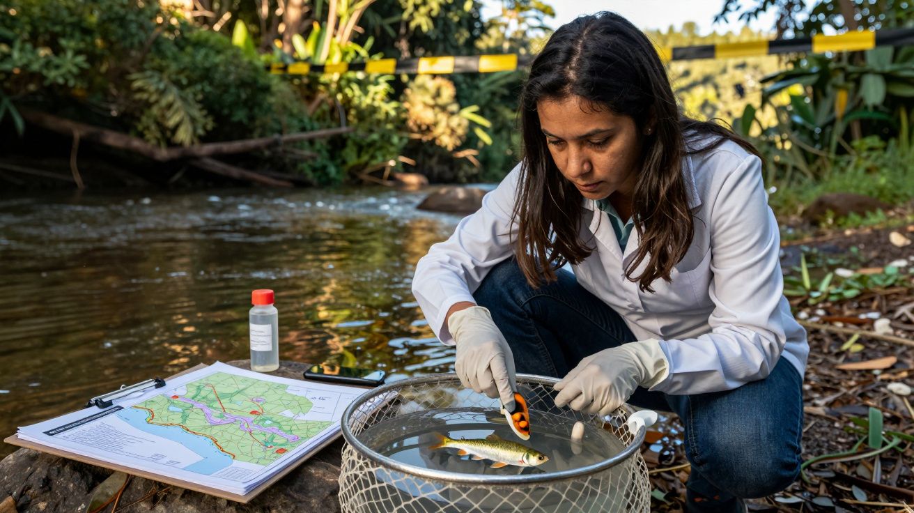 Cientista examina peixe em recipiente junto a um rio, com luvas, mapa e garrafa ao lado, rodeada por vegetação.