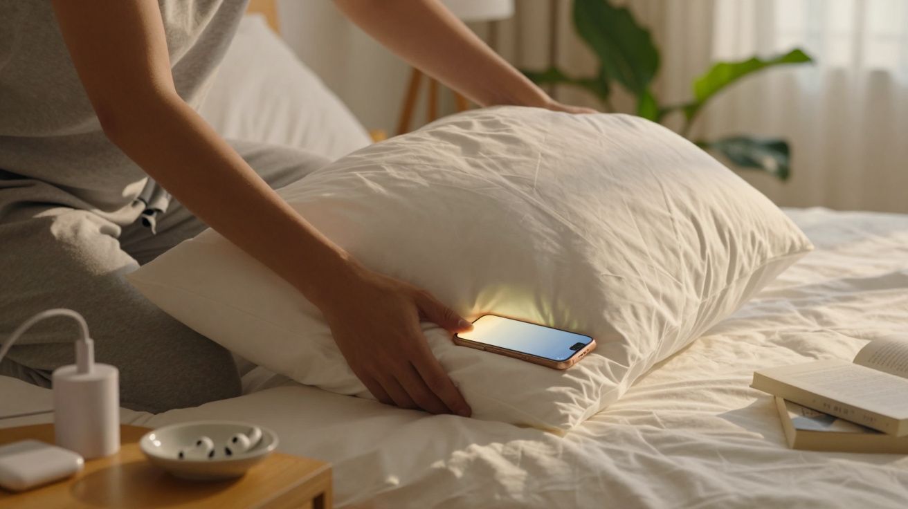 Pessoa a colocar um smartphone debaixo de uma almofada branca numa cama, com livros e carregador ao lado.