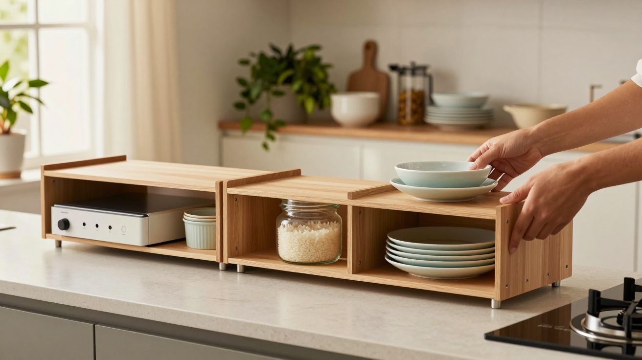 Mãos organizam pratos numa prateleira de madeira sobre bancada de cozinha moderna, com frascos e eletrónicos.