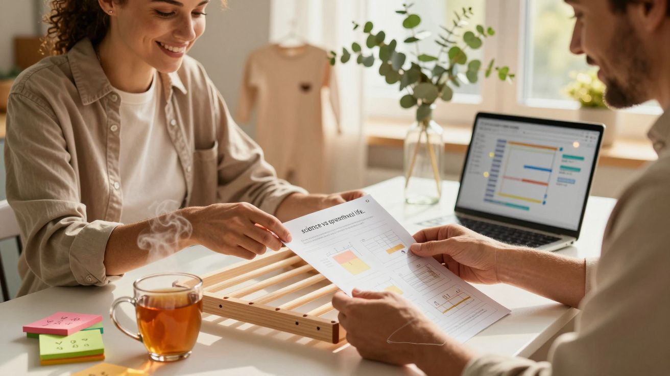 Dois colegas discutem gráficos, com chá na mesa e portátil ao fundo.