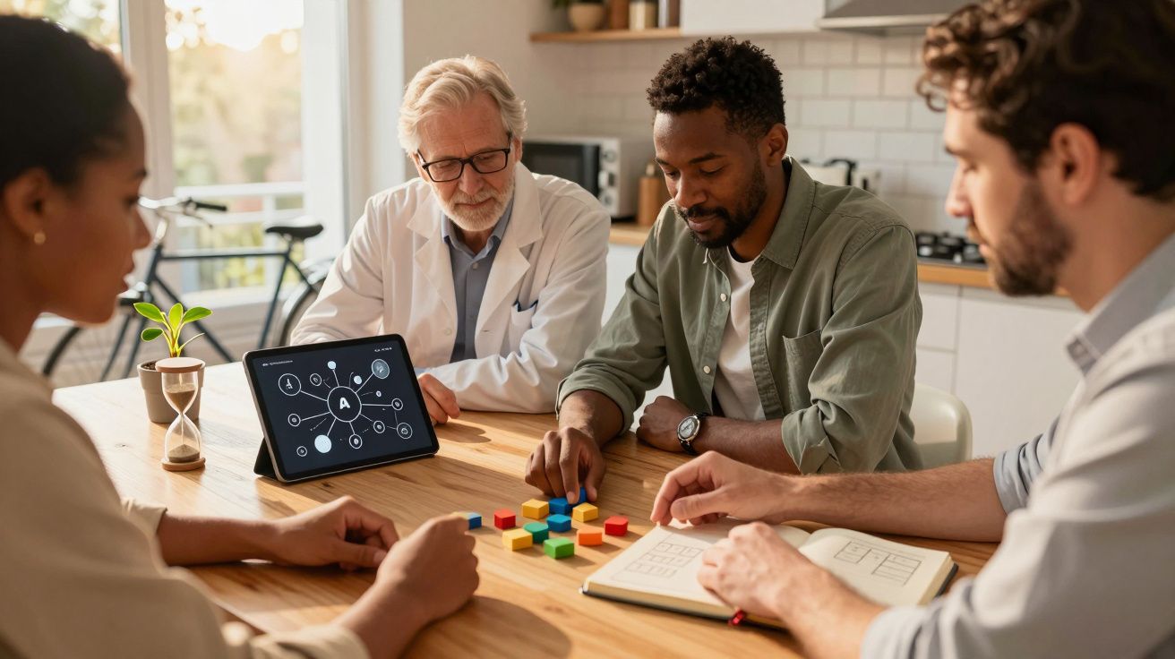Quatro pessoas numa reunião numa cozinha, com tablet, caderno e cubos coloridos sobre a mesa de madeira.