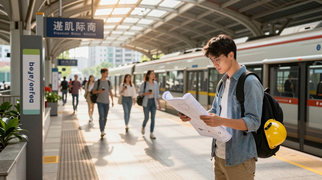 Estudante com capacete lê mapa numa estação de metro movimentada. Pessoas passam, comboio parado ao fundo.