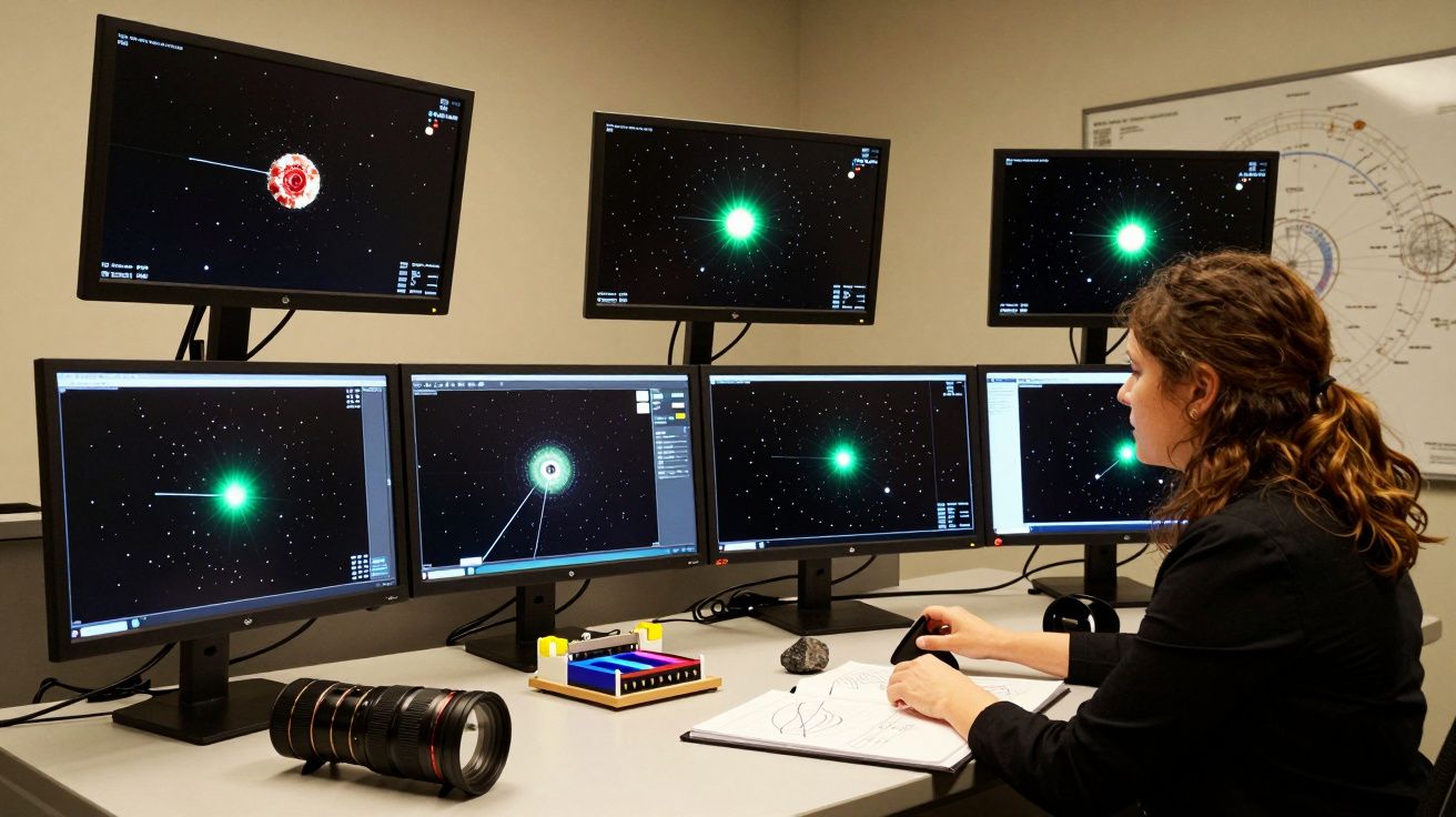 Mulher analisa imagens de astros em seis monitores num escritório, com gráficos e lente fotográfica sobre a mesa.