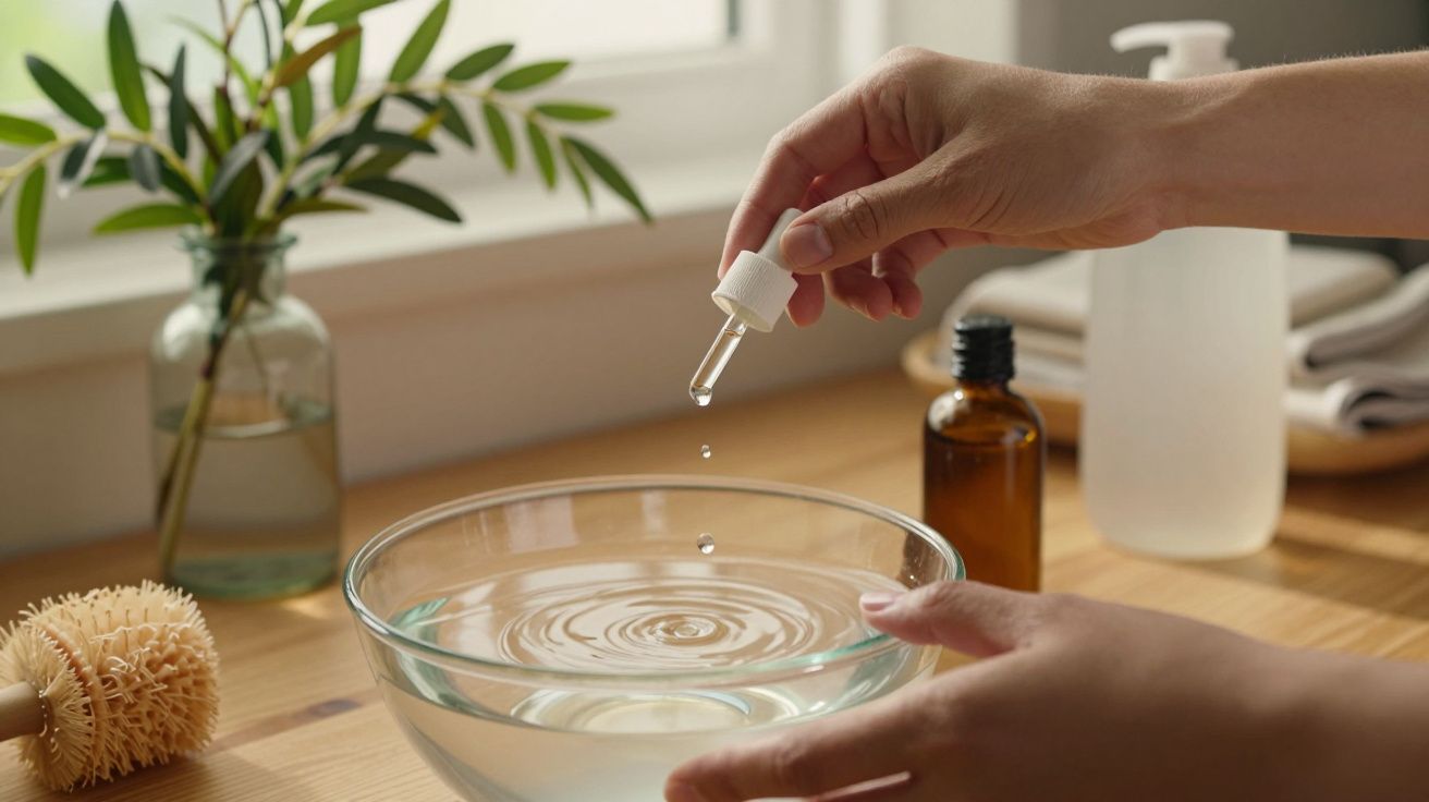 Mãos a pingar óleo essencial numa tigela de água, com frascos e planta ao fundo numa mesa de madeira.