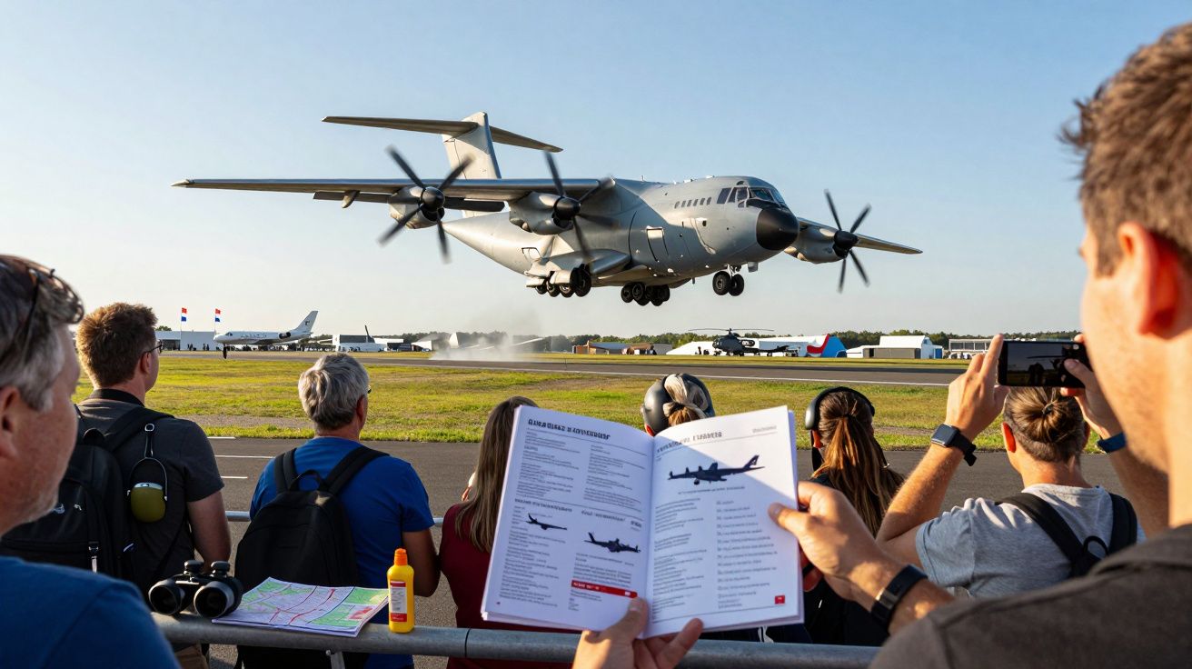 Pessoas assistem a um avião militar a aterrar em aeroporto, enquanto seguram panfletos e tiram fotografias.