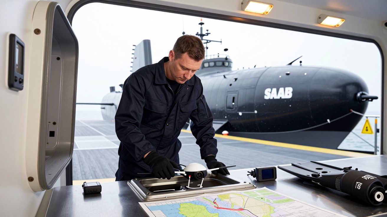 Homem em uniforme navy trabalha num barco com um mapa, submarino ao fundo.