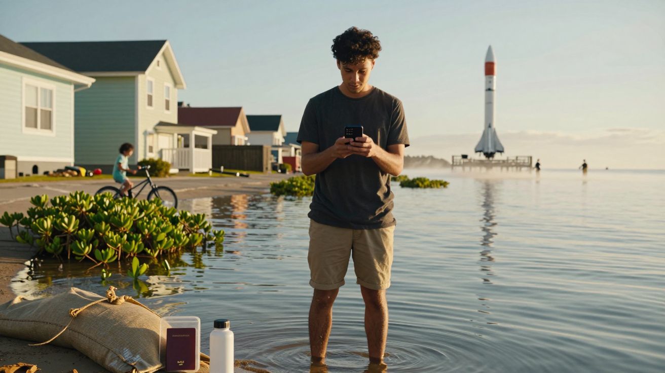 Homem em pé numa rua inundada a usar o telemóvel, com um foguetão ao fundo e uma criança de bicicleta à esquerda.