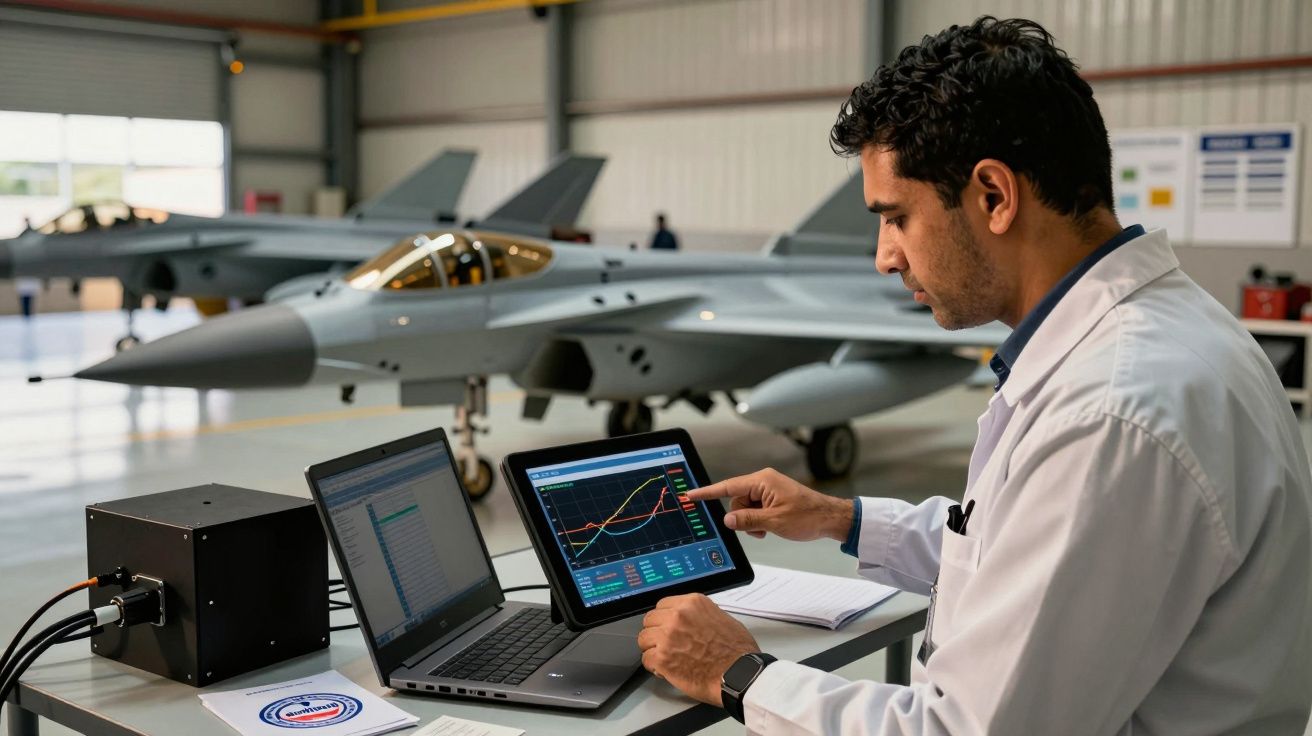 Homem analisa dados num tablet e computador em frente a dois caças, num hangar.