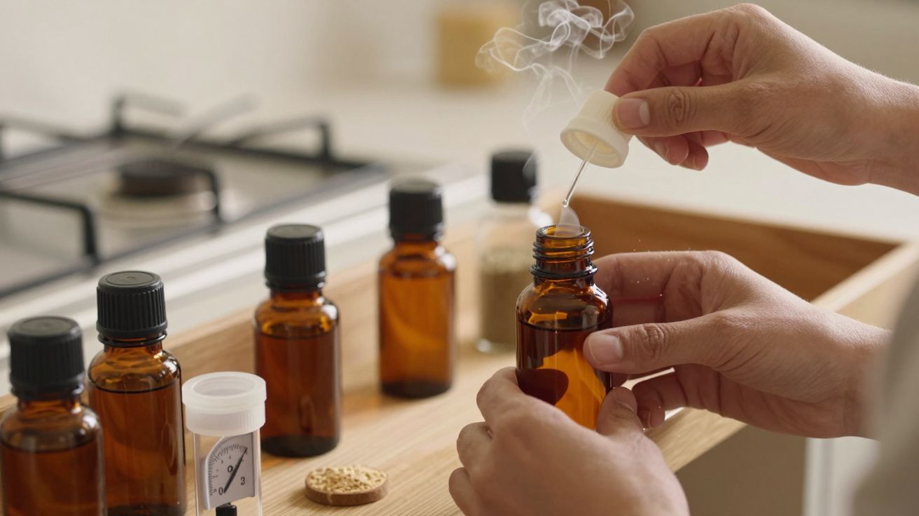 Mãos vertem líquido em frasco âmbar; outros frascos em bancada ao lado de fogão.