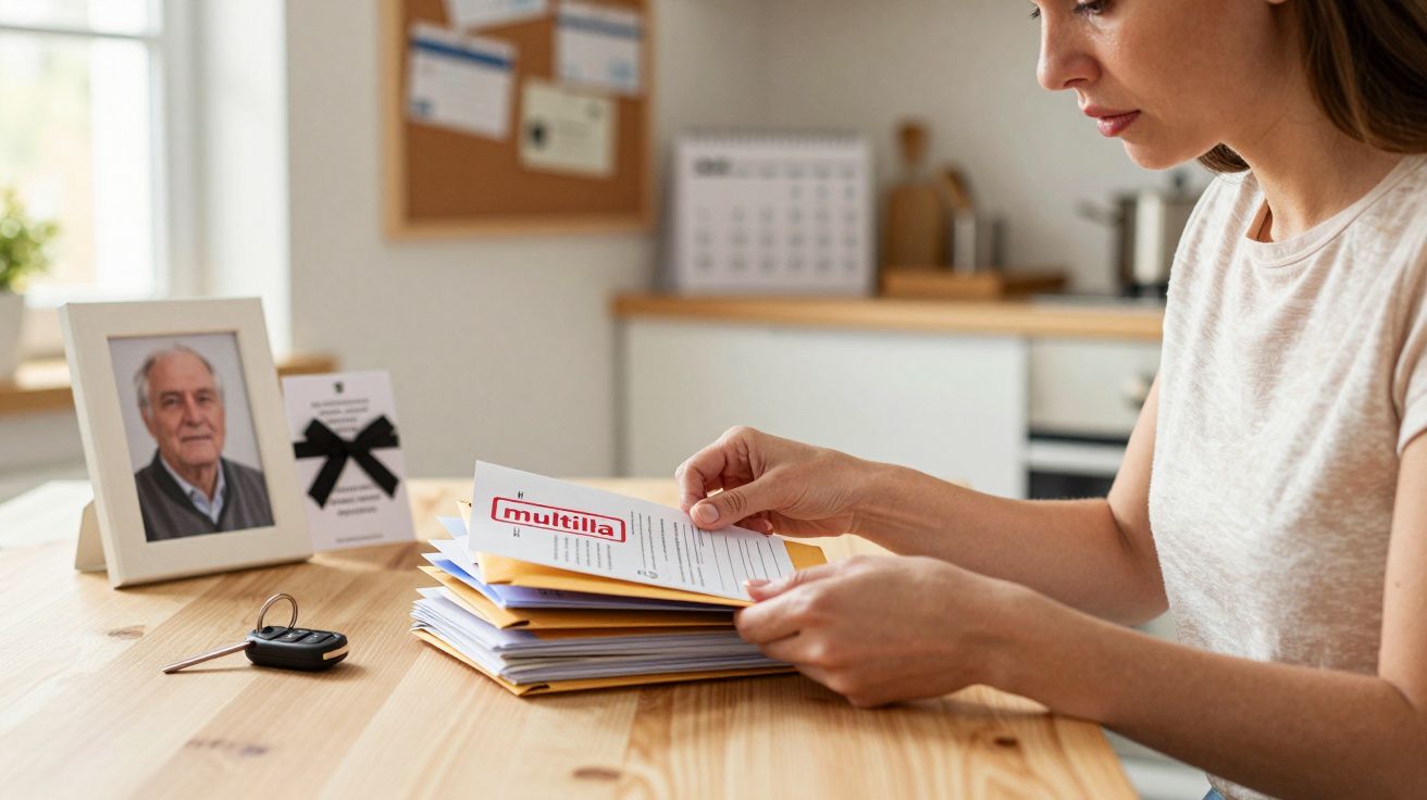 Mulher examinando documentos sobre uma mesa. Foto de um idoso emoldurada ao lado de chaves de carro.