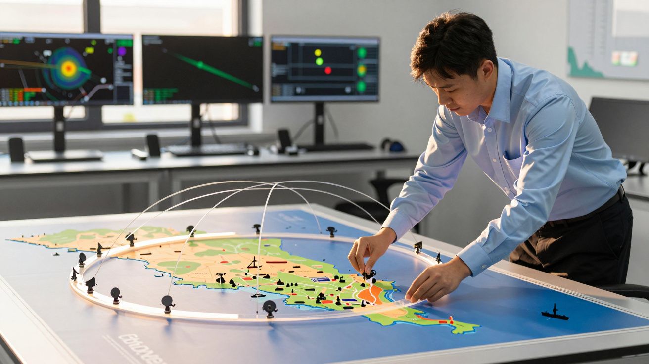 Homem analisando mapa interativo numa mesa de trabalho com monitores ao fundo.