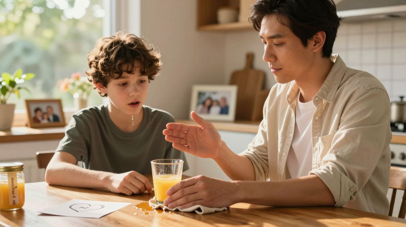 Pai e filho à mesa de cozinha, o pai limpa sumo entornado enquanto o filho observa.