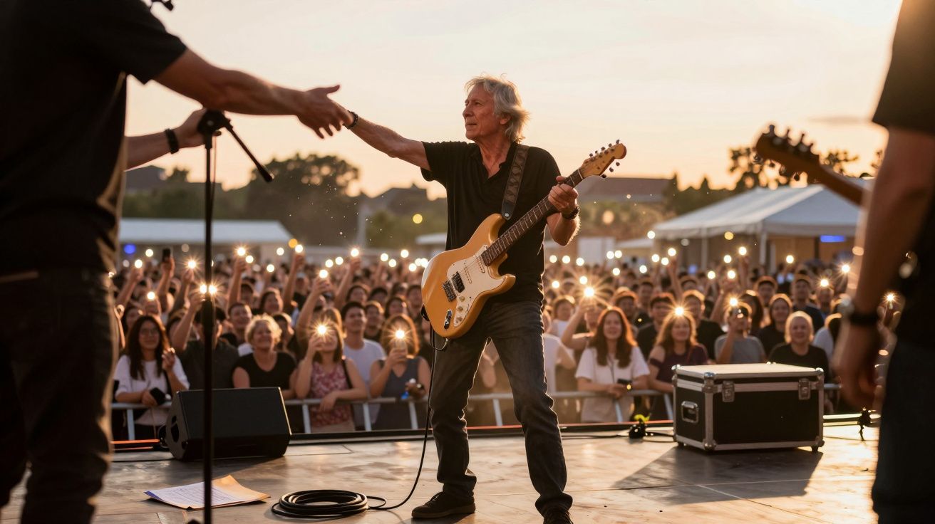 Músico toca guitarra em palco ao pôr-do-sol, com público entusiasmado e luzes de telemóveis ao fundo.