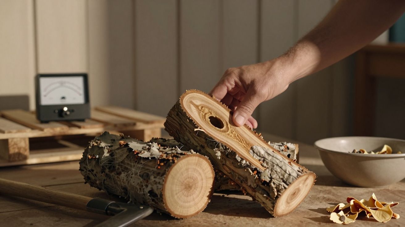 Mão segura tronco de madeira com musgo. Medidor elétrico ao fundo. Tigela com lascas de madeira na mesa de madeira.