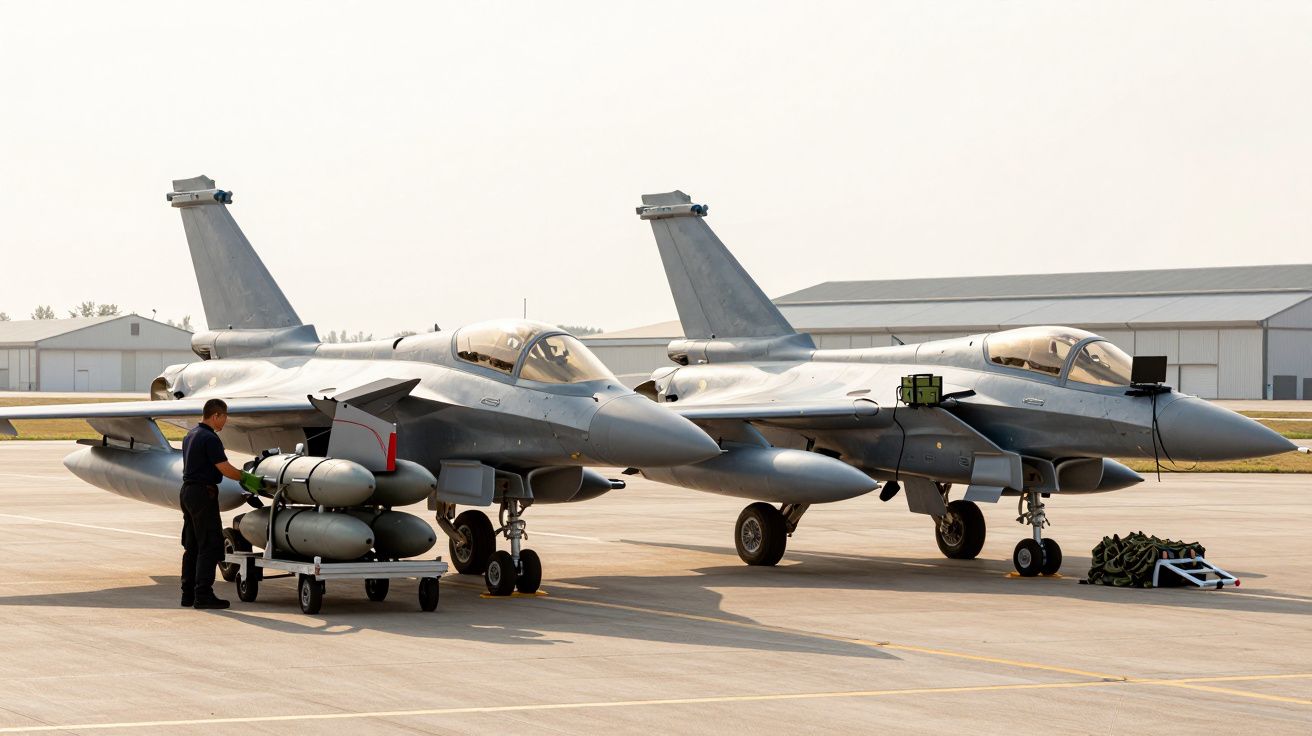 Dois aviões de combate cinzentos parados no aeródromo, com um técnico a carregar mísseis ao lado de um dos aviões.