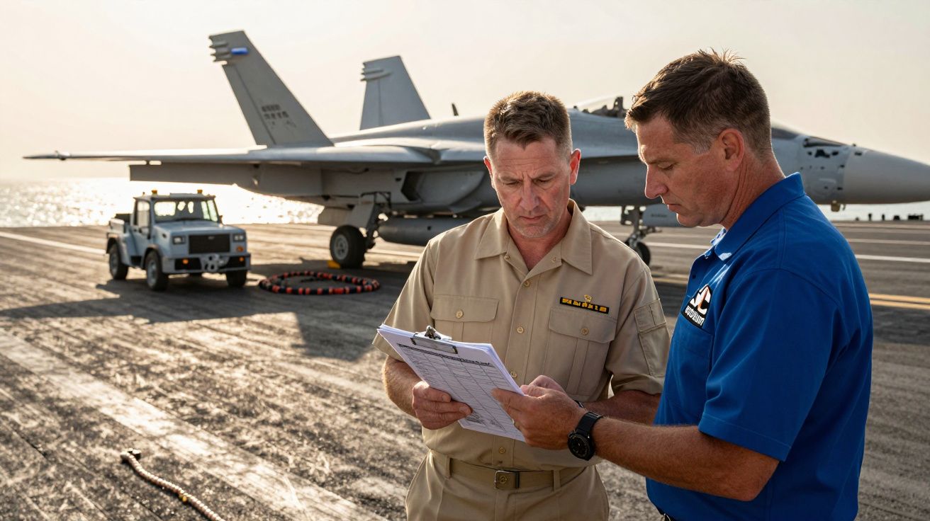 Dois homens revisam documentos num porta-aviões com um caça ao fundo.