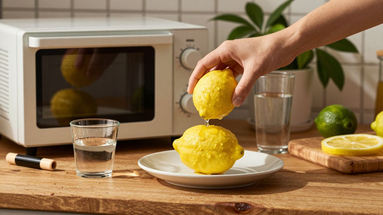 Mão espremendo um limão sobre um prato, com um copo de água e um micro-ondas ao fundo.