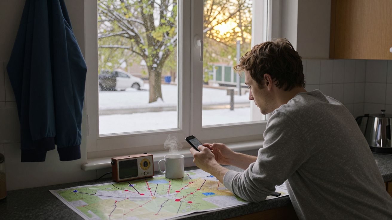 Homem consulta telemóvel junto à janela com mapa e chá, neve lá fora.