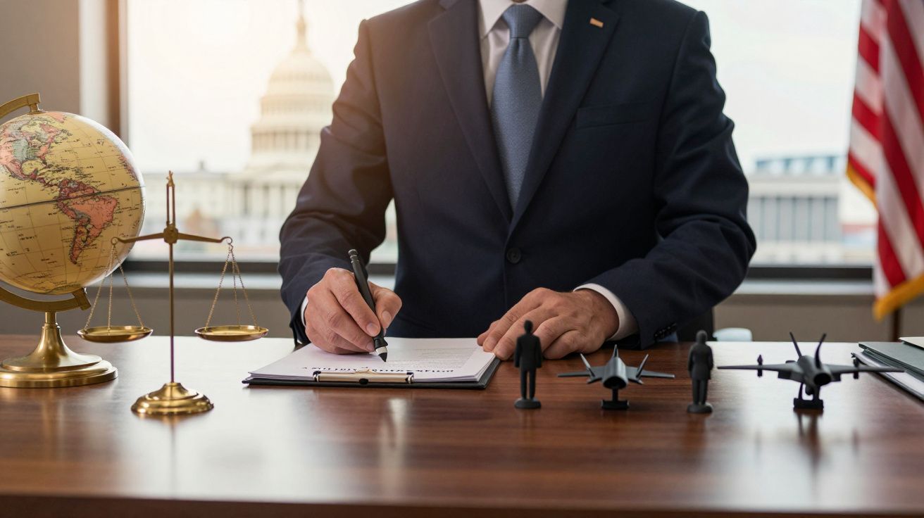 Homem num escritório escreve num documento com um globo, uma balança e miniaturas de aviões na mesa. Capitolio ao fundo.