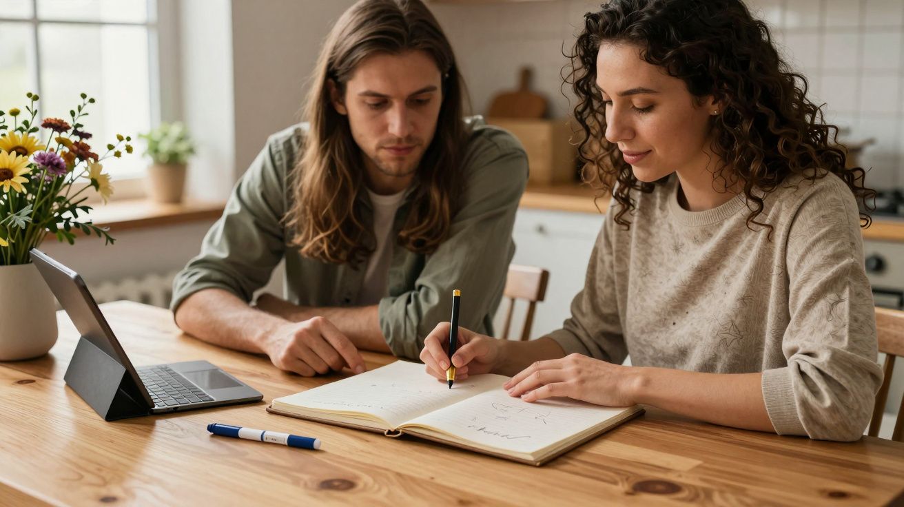 Duas pessoas estudando juntas numa cozinha, com um tablet e caderno abertos em cima da mesa de madeira.