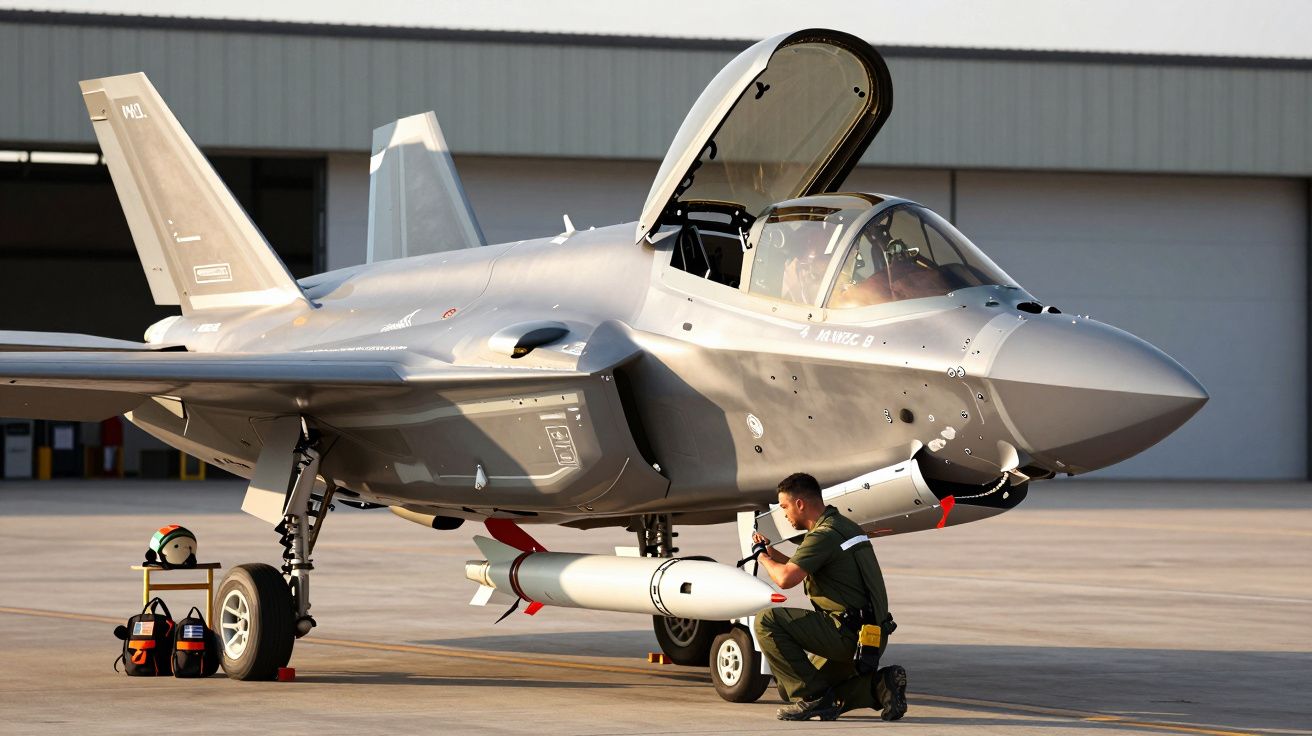 Avião de combate moderno em hangar, mecânico inspeciona míssil sob asa, cockpit aberto.