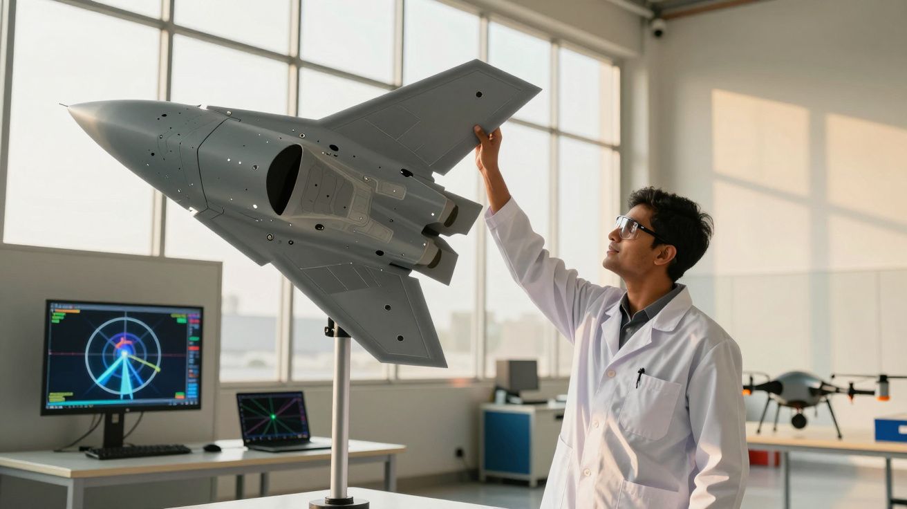 Cientista analisa modelo em tamanho grande de avião a jato num laboratório com computadores e janelas amplas.