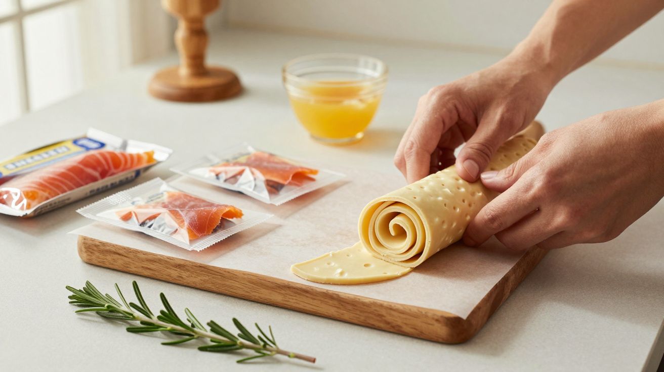 Mãos enrolam massa sobre tábua de madeira, com pacotes de salmão, alecrim e suco de laranja ao fundo.
