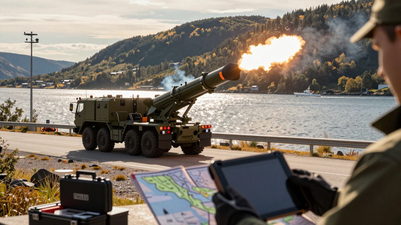 Veículo militar lança míssil à beira de um rio, operado por soldado com tablet e mapa, montanhas ao fundo.
