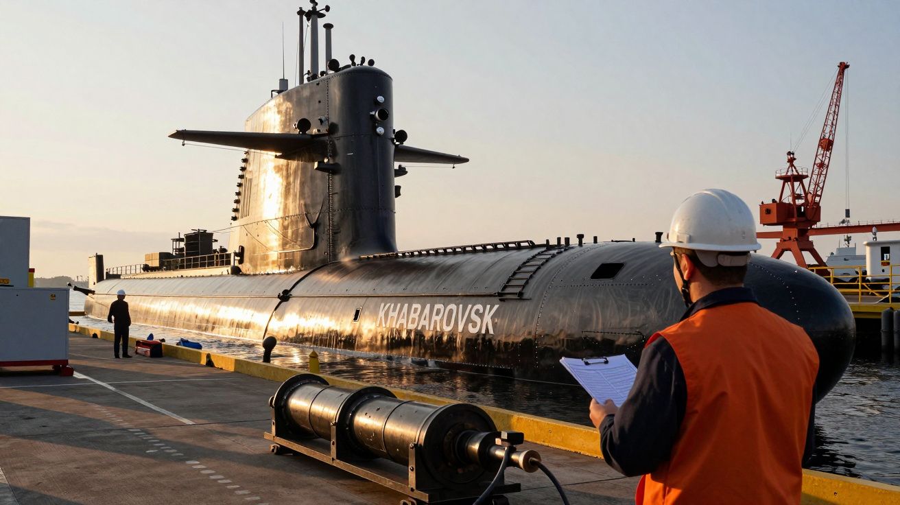 Homem de colete laranja observa submarino "Khabarovsk" no porto ao entardecer, com guindaste ao fundo.