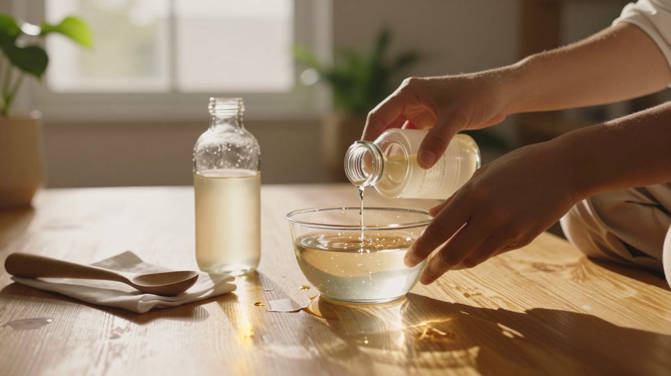 Mãos vertem líquido de uma garrafa para uma tigela de vidro numa mesa de madeira iluminada pelo sol.