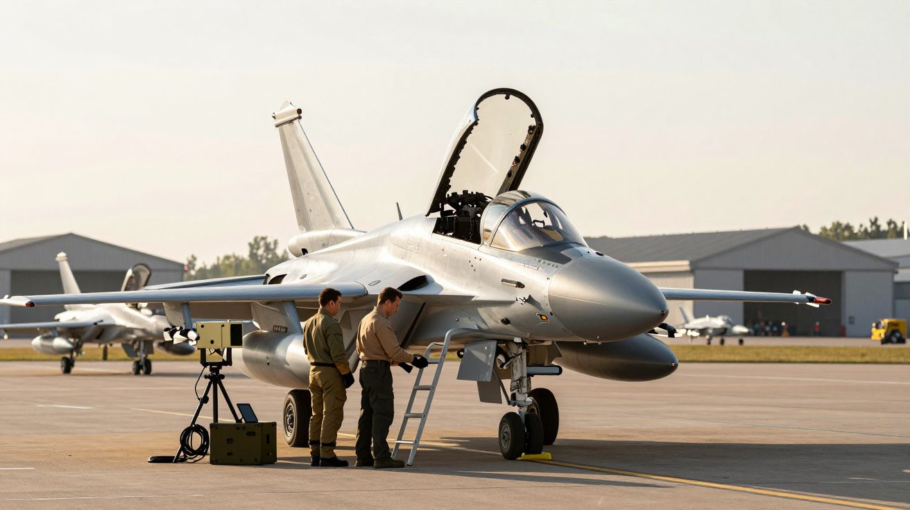 Dois técnicos inspecionam um caça a jato num aeródromo, com hangares ao fundo.