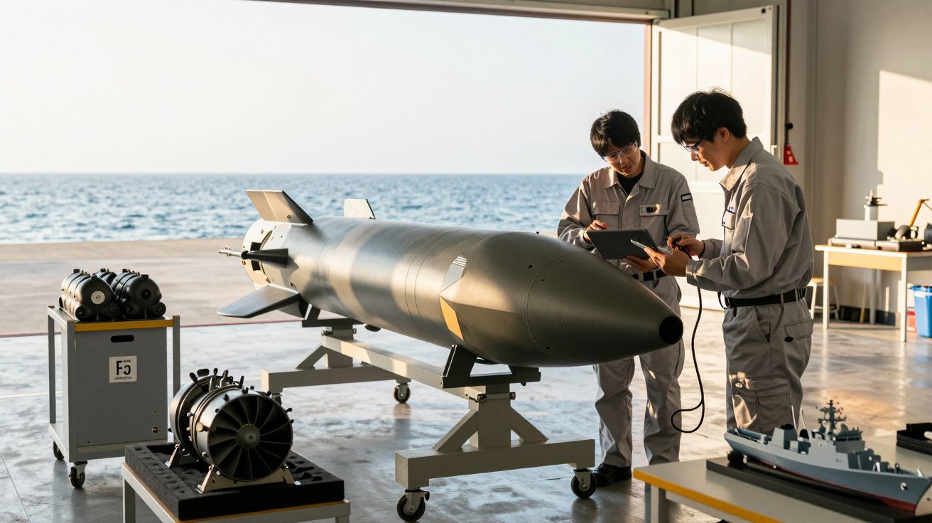 Dois técnicos analisam um míssil num hangar perto do mar, com modelos de equipamento militar e navio em miniatura.