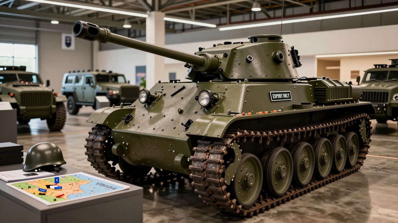 Tanque militar verde exposto em museu, com veículos em fundo e capacete numa mesa ao lado de um mapa.
