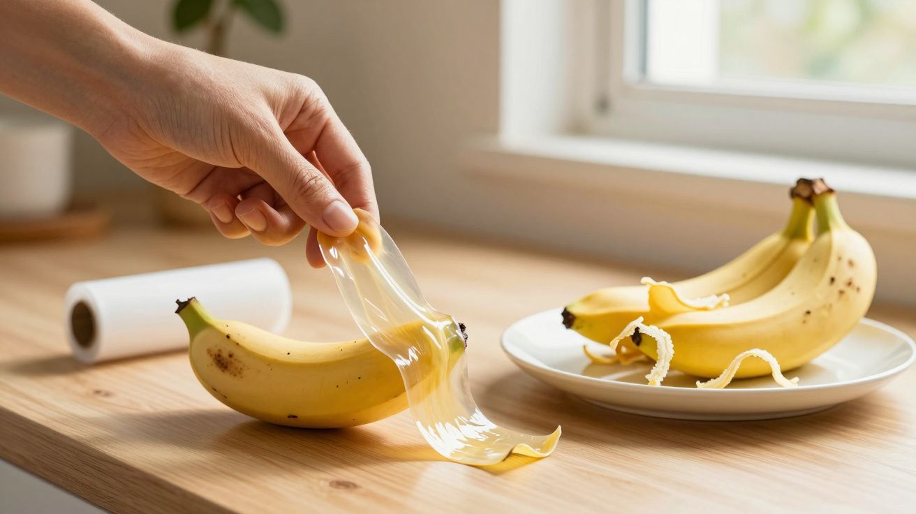 Mão descascando banana com película, ao lado de prato com bananas maduras, em bancada perto de janela.
