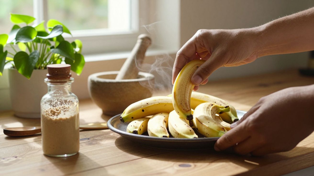 Mãos a colocar bananas num prato sobre uma mesa de madeira, com frasco de especiarias e planta ao fundo.